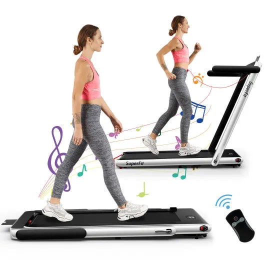 2 in 1 Folding Treadmill with Bluetooth Speaker Remote Control-Silver