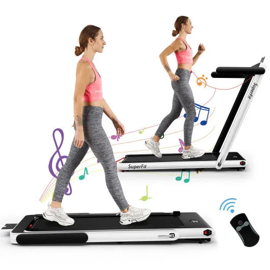 2 in 1 Folding Treadmill with Bluetooth Speaker Remote Control-White