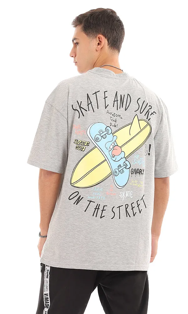 96835 "Skate And Surf " Printed Loose Heather Light Grey T-Shirt