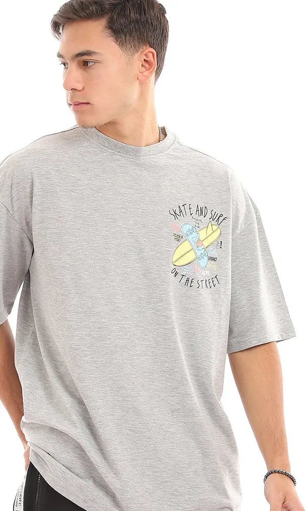 96835 "Skate And Surf " Printed Loose Heather Light Grey T-Shirt