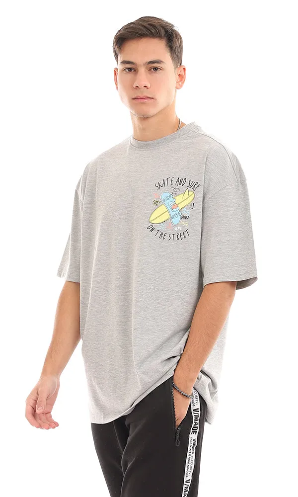 96835 "Skate And Surf " Printed Loose Heather Light Grey T-Shirt