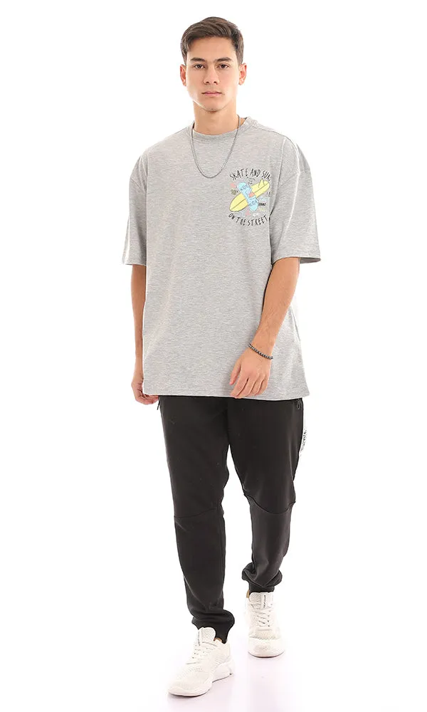 96835 "Skate And Surf " Printed Loose Heather Light Grey T-Shirt