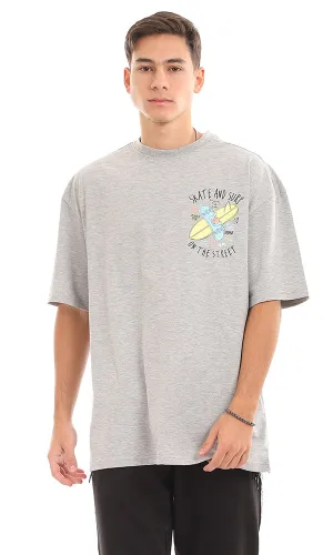 96835 "Skate And Surf " Printed Loose Heather Light Grey T-Shirt