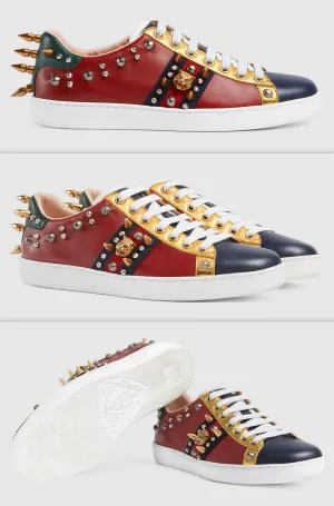 Ace Studded Leather Low Top Sneakers - Red