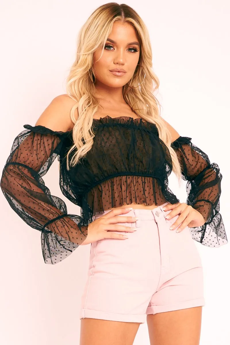 Black Polka Mesh Ruffle Bardot Crop Top - Aagna