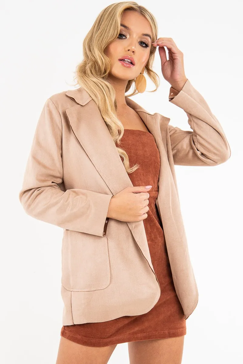 Camel Faux Suede Polka Dot Detail Blazer - Noelie