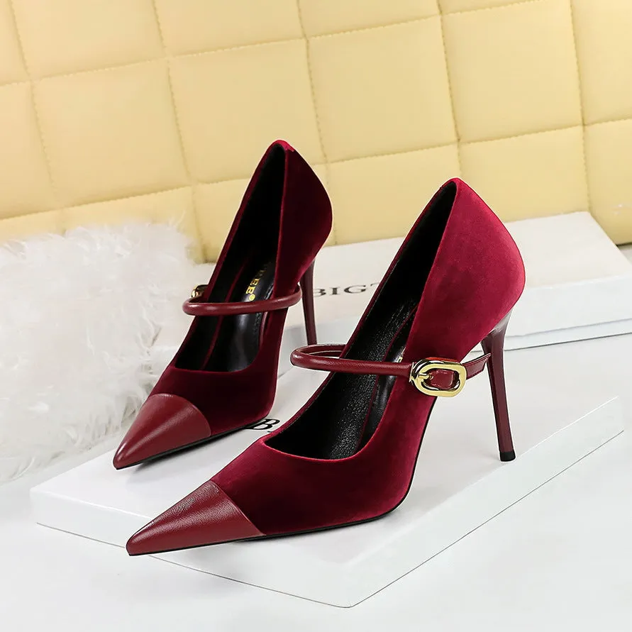 Chic Metal Buckle and Ankle Strap Suede Patchwork Pointed Toe Shoes-Heel Height 7CM