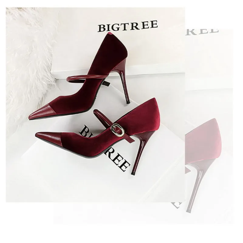 Chic Metal Buckle and Ankle Strap Suede Patchwork Pointed Toe Shoes-Heel Height 7CM