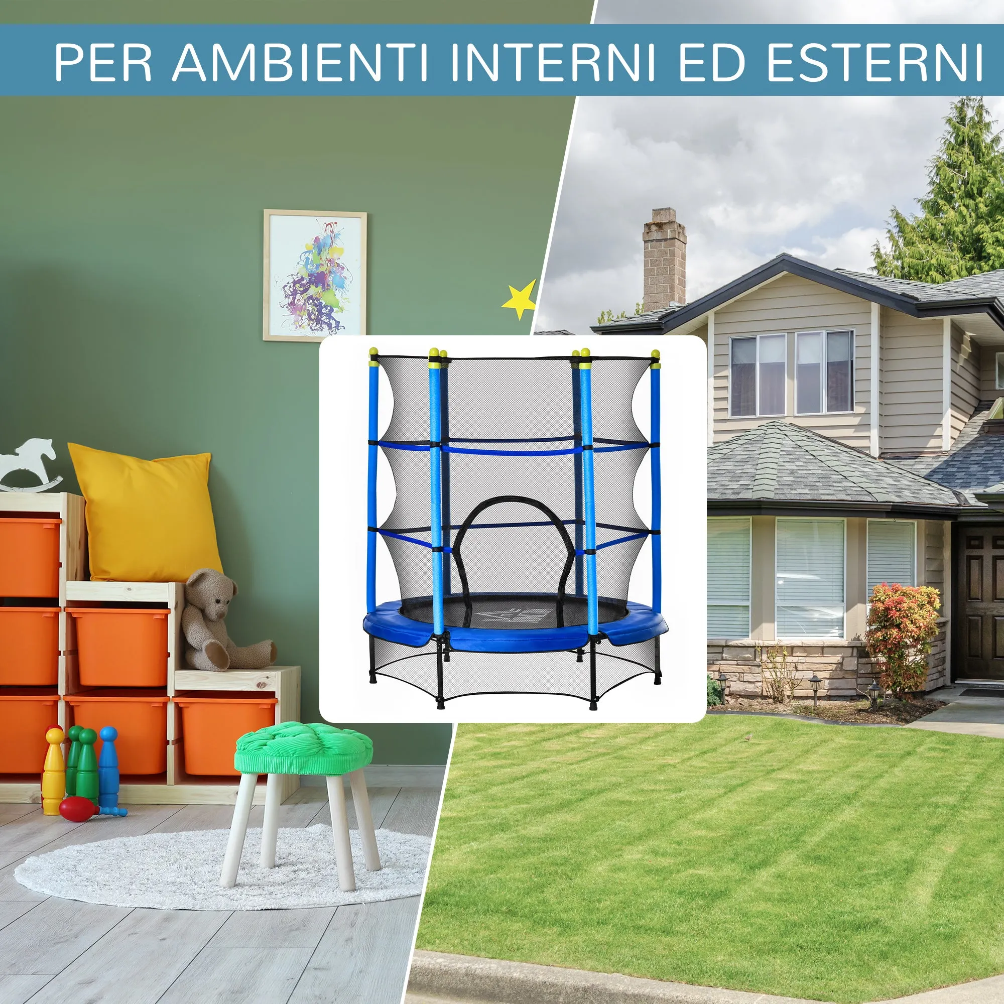 Easycomfort Tappeto Elastico per Bambini 3-6 Anni ?140x160cm, Trampolino da Giardino con Rete, Bordo Imbottito e Corde Elastiche, Blu e Nero