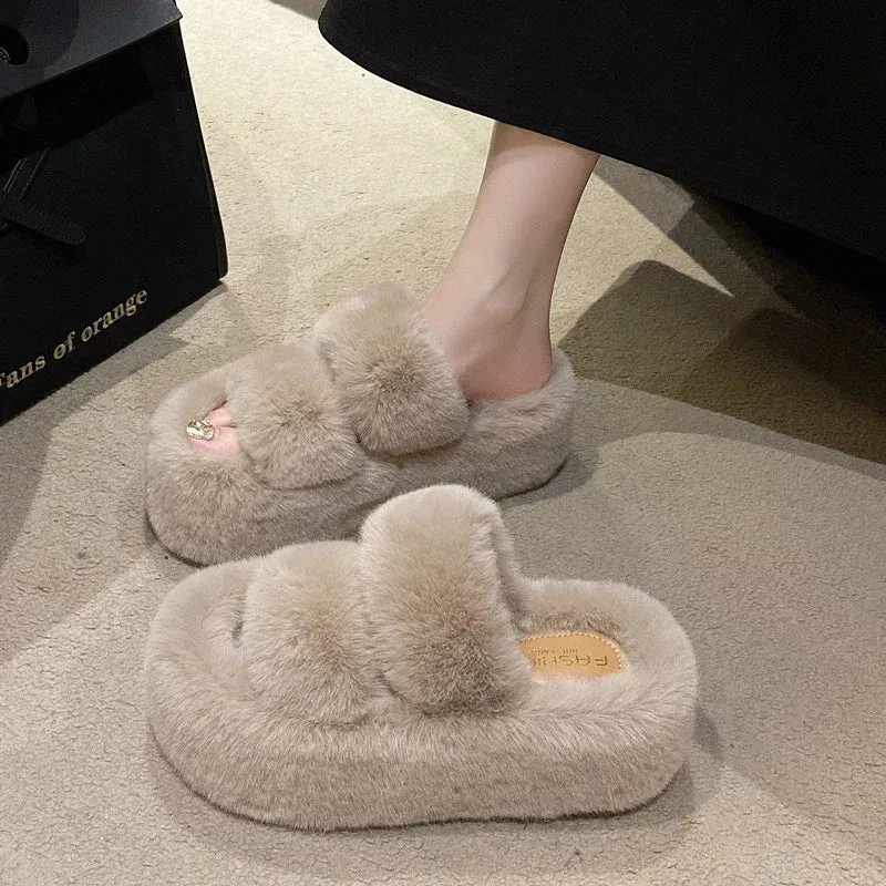 Fluffy Faux Fur Slippers with 7cm Platform – Cozy Fuzzy Slippers for Winter