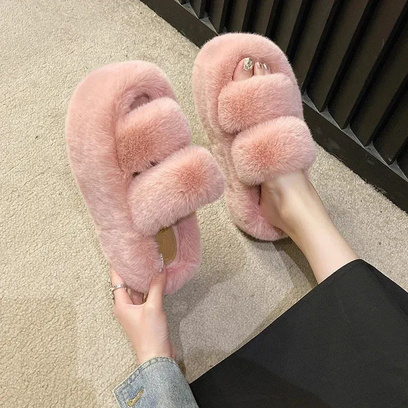 Fluffy Faux Fur Slippers with 7cm Platform – Cozy Fuzzy Slippers for Winter