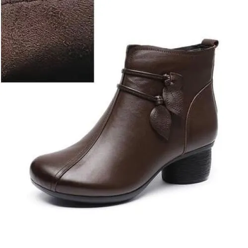 Handmade Genuine Leather Flowers Zipper Retro Warm Winter Boots For Women