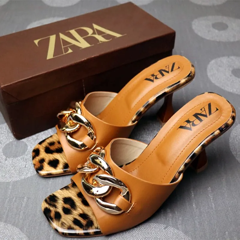 Heels Square Toe Pointed Head Leopard Print Chain Decor Sandals