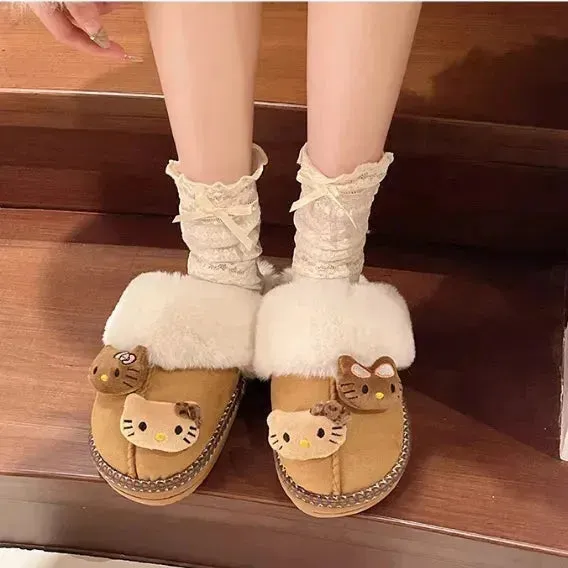 Hello Kitty Fuzzy Brown Winter Slippers