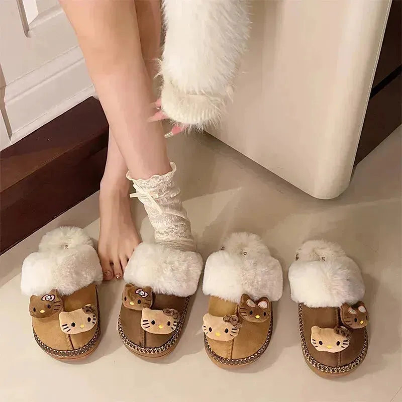 Hello Kitty Fuzzy Brown Winter Slippers