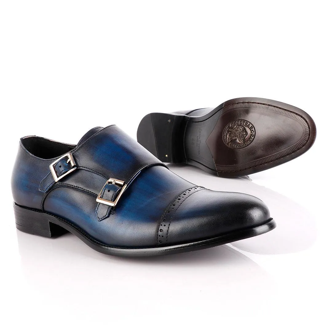 John Foster NavyBlue Leather Double Monk-strap Quarter Brogue Shoe