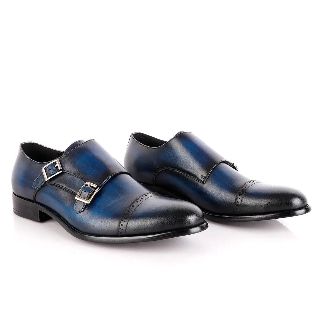 John Foster NavyBlue Leather Double Monk-strap Quarter Brogue Shoe