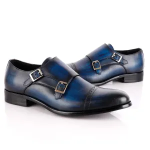 John Foster NavyBlue Leather Double Monk-strap Quarter Brogue Shoe