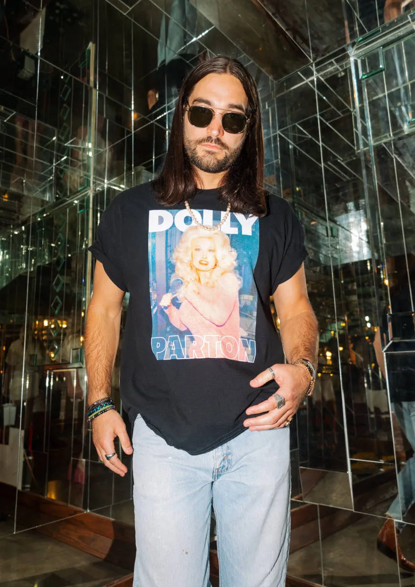 Livy Lu Dolly Parton In Pink Thrift Distressed Tee in Black