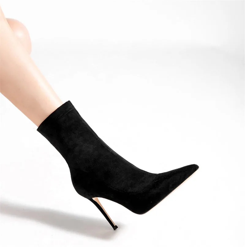 Luxury Flock Thin Heel Ankle Boots