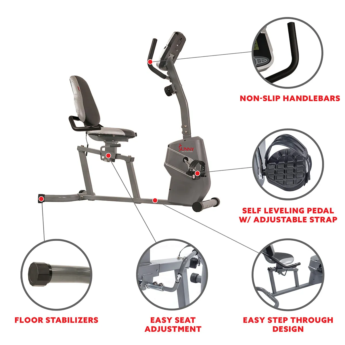 Magnetic Recumbent Exercise Bike w/ Easy Adjustable Seat, Device Holder, RPM and Pulse Rate