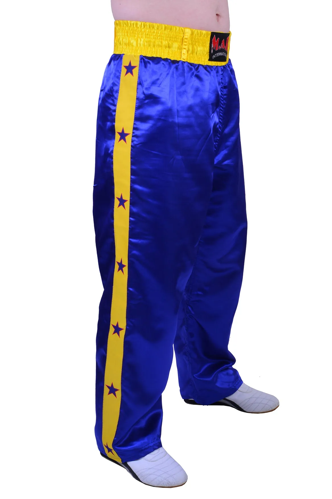 MAR-087C | Blue & Yellow Kickboxing Trousers w/ Embroidered Writing