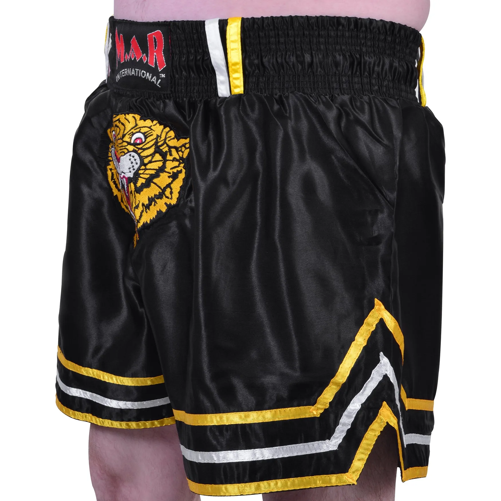 MAR-091B | Black Kickboxing & Thai Boxing Shorts w/ Tiger Emblem