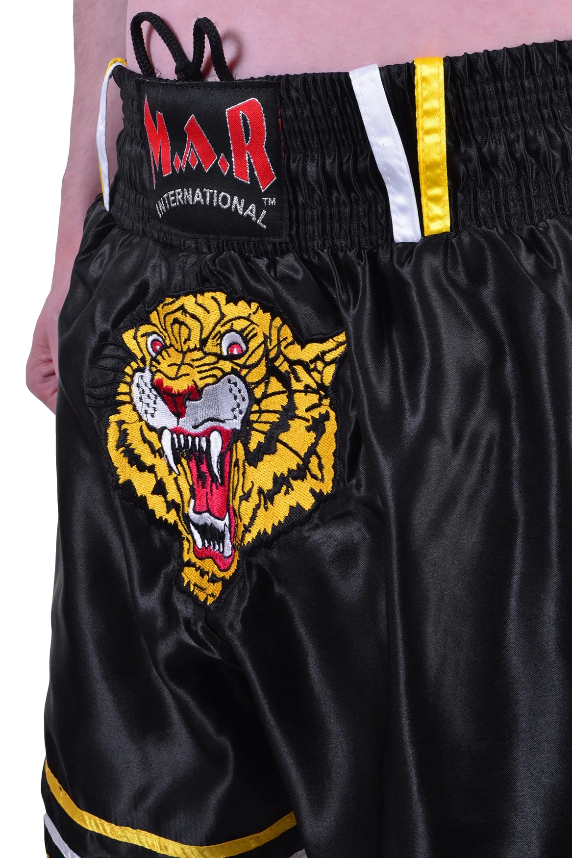 MAR-091B | Black Kickboxing & Thai Boxing Shorts w/ Tiger Emblem