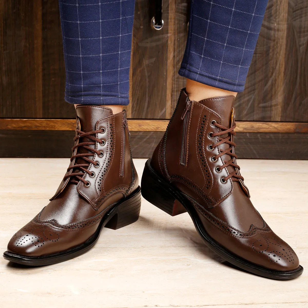 Men's Latest Formal / Semi-Formal Height Increasing Cow Boy Ankle Zipper Lace-Up Brogue Boots