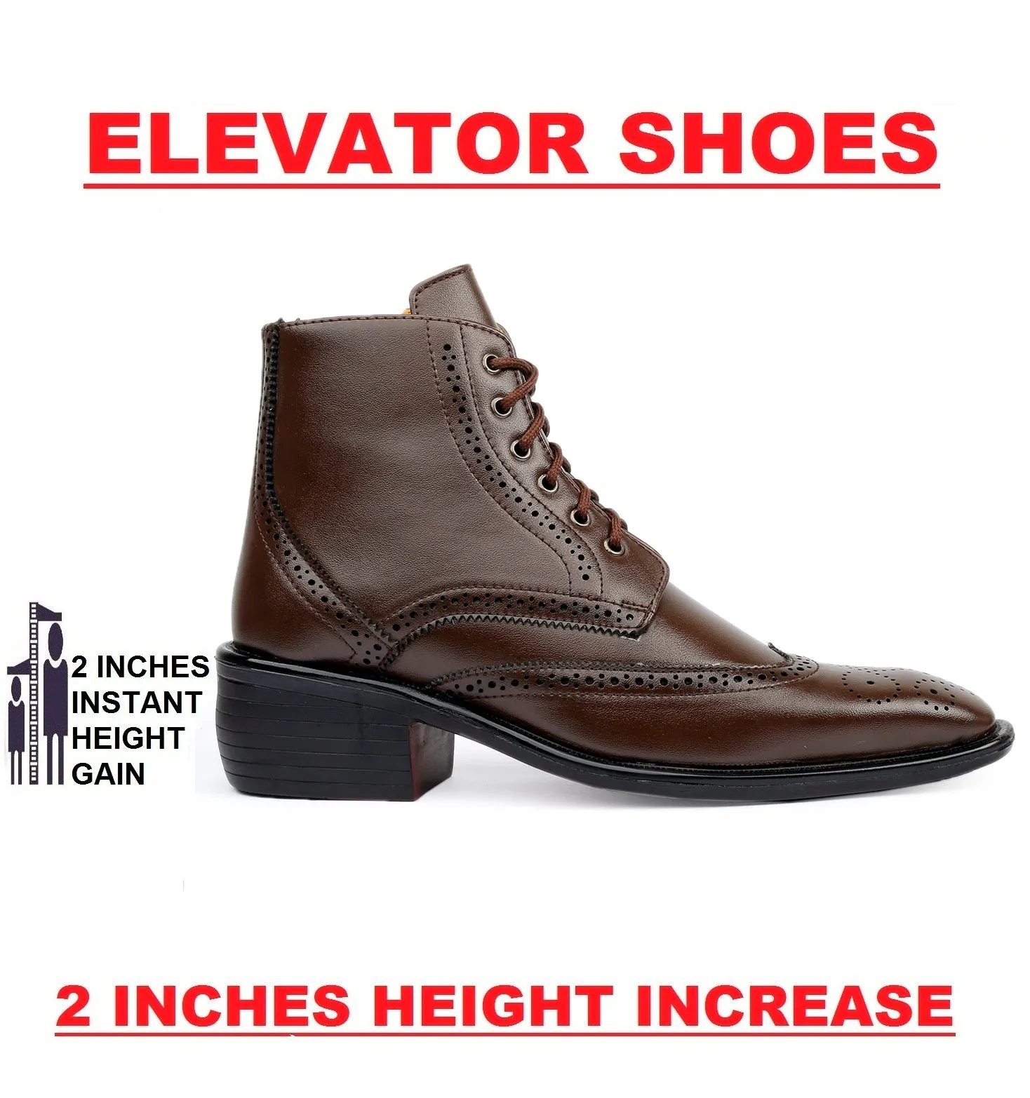 Men's Latest Formal / Semi-Formal Height Increasing Cow Boy Ankle Zipper Lace-Up Brogue Boots