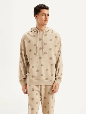 Men's Printed Khaki Hooded Sweatshirt