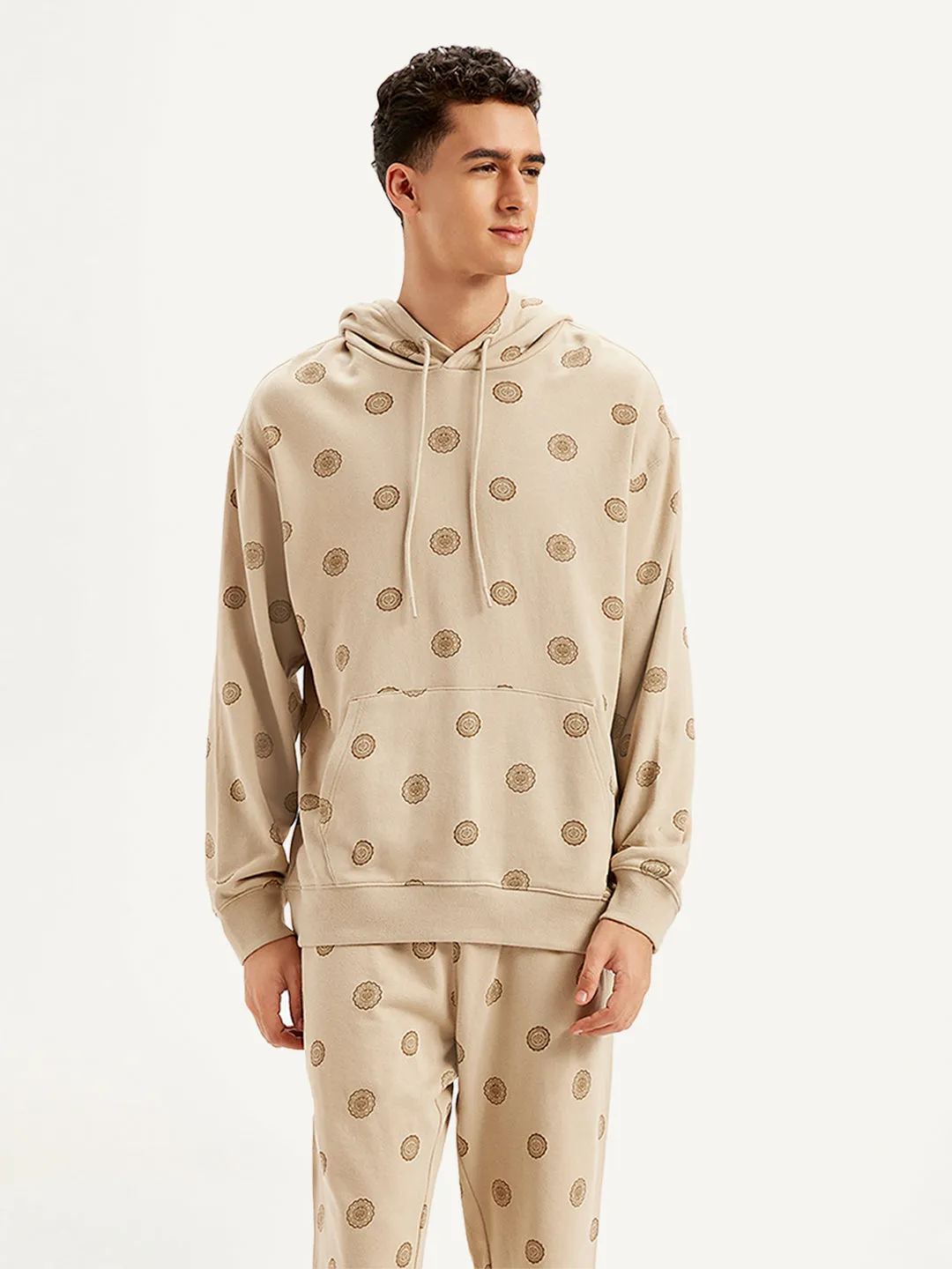 Men's Printed Khaki Hooded Sweatshirt