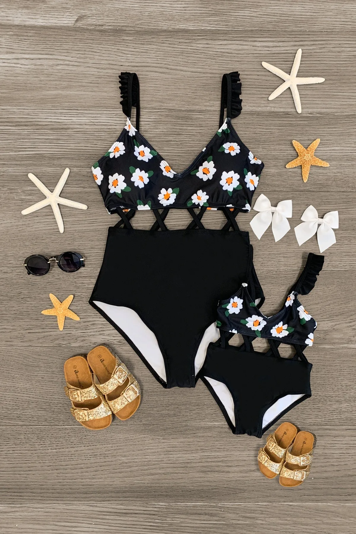 Mom & Me - Black Floral Criss-Cross One Piece Swimsuit