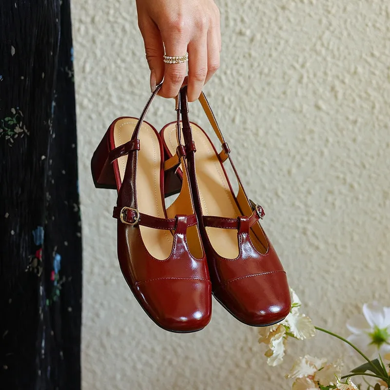 Patent Leather Slingback Mary Jane Pumps Block Heel in Red/Black/Khaki