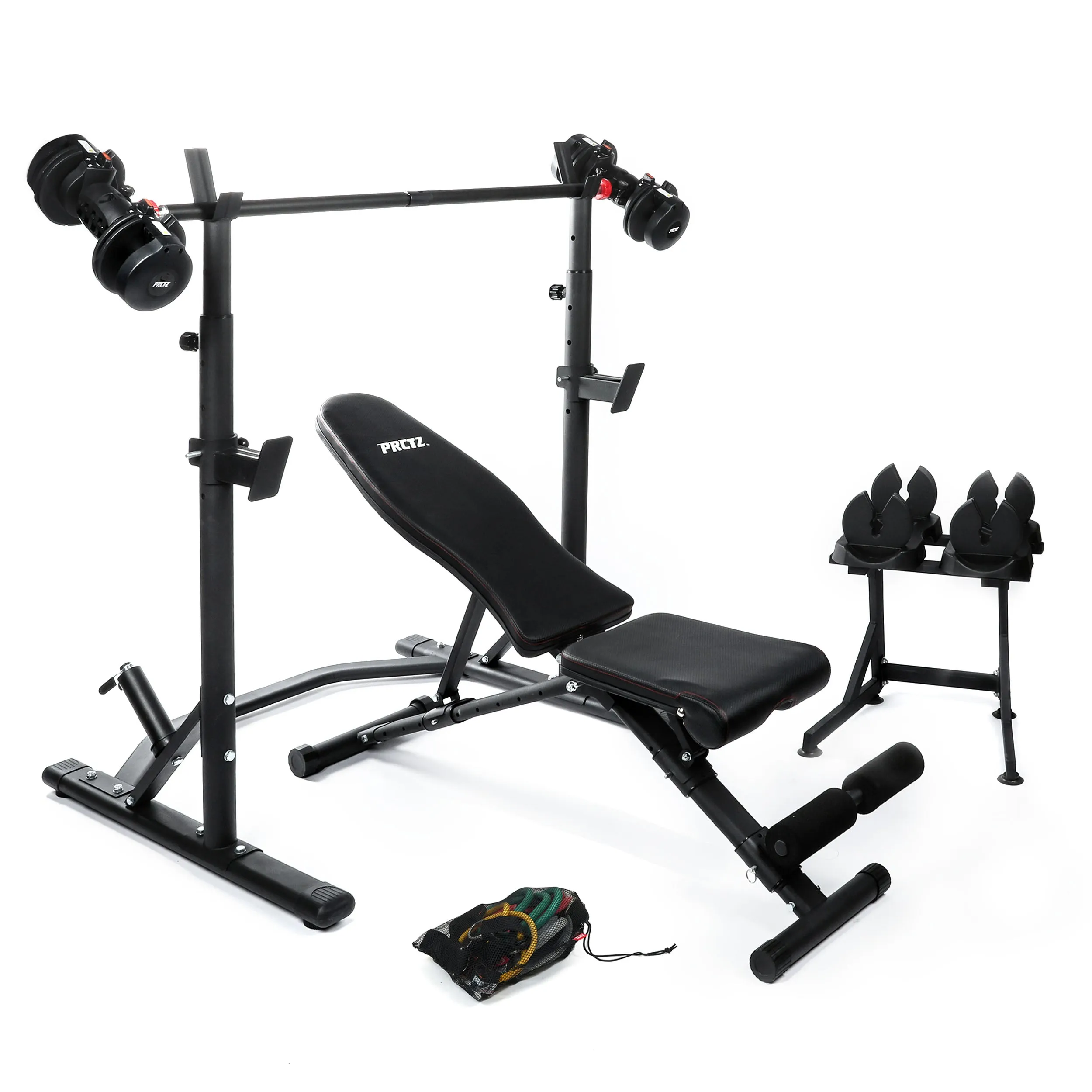 PRCTZ SP3 Homegym Bundle, Includes Two-Piece Olympic Weight Bench with Squat Rack, 6ft Modular Barbell, 10-30lb Quick Select Adjsutable Dumbbell, Resistance Tube Set