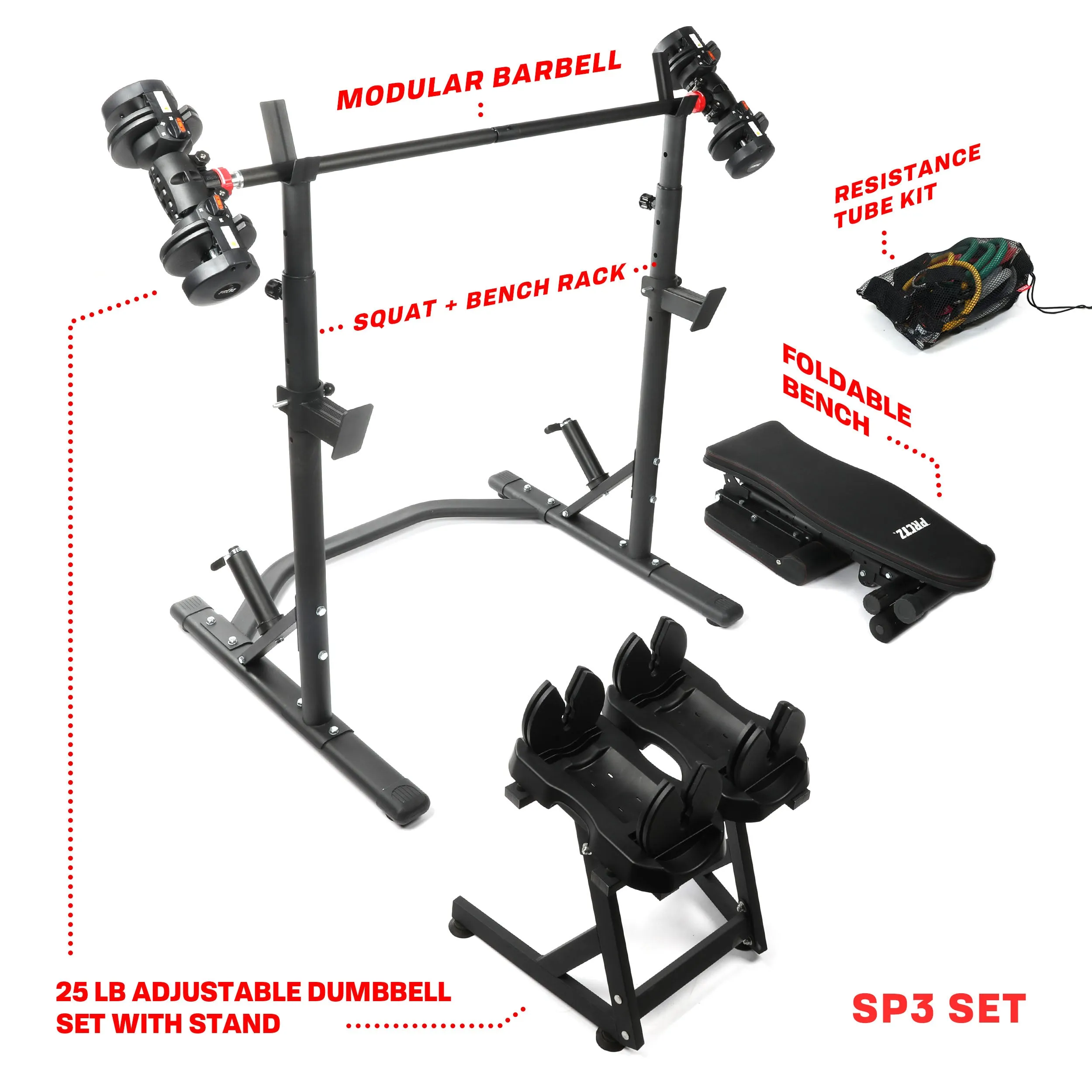 PRCTZ SP3 Homegym Bundle, Includes Two-Piece Olympic Weight Bench with Squat Rack, 6ft Modular Barbell, 10-30lb Quick Select Adjsutable Dumbbell, Resistance Tube Set