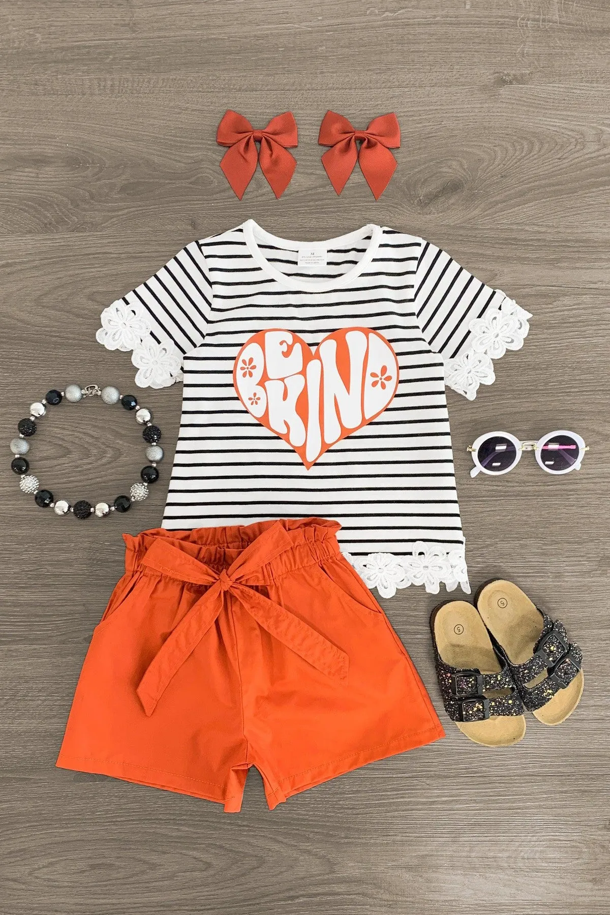 "Be Kind" Orange Striped Short Set