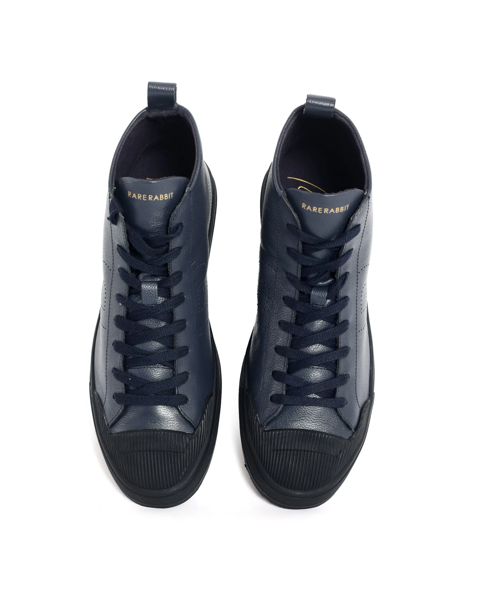 Rare Rabbit Mens Sauron Hi Pro Navy Premium Milled Leather Lace Up High Top Round Toe Sneaker Shoes