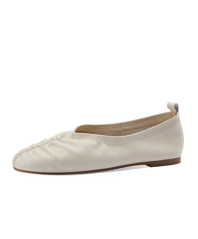 Retro Beige Pointed Toe Genuine Leather Flats Shoes