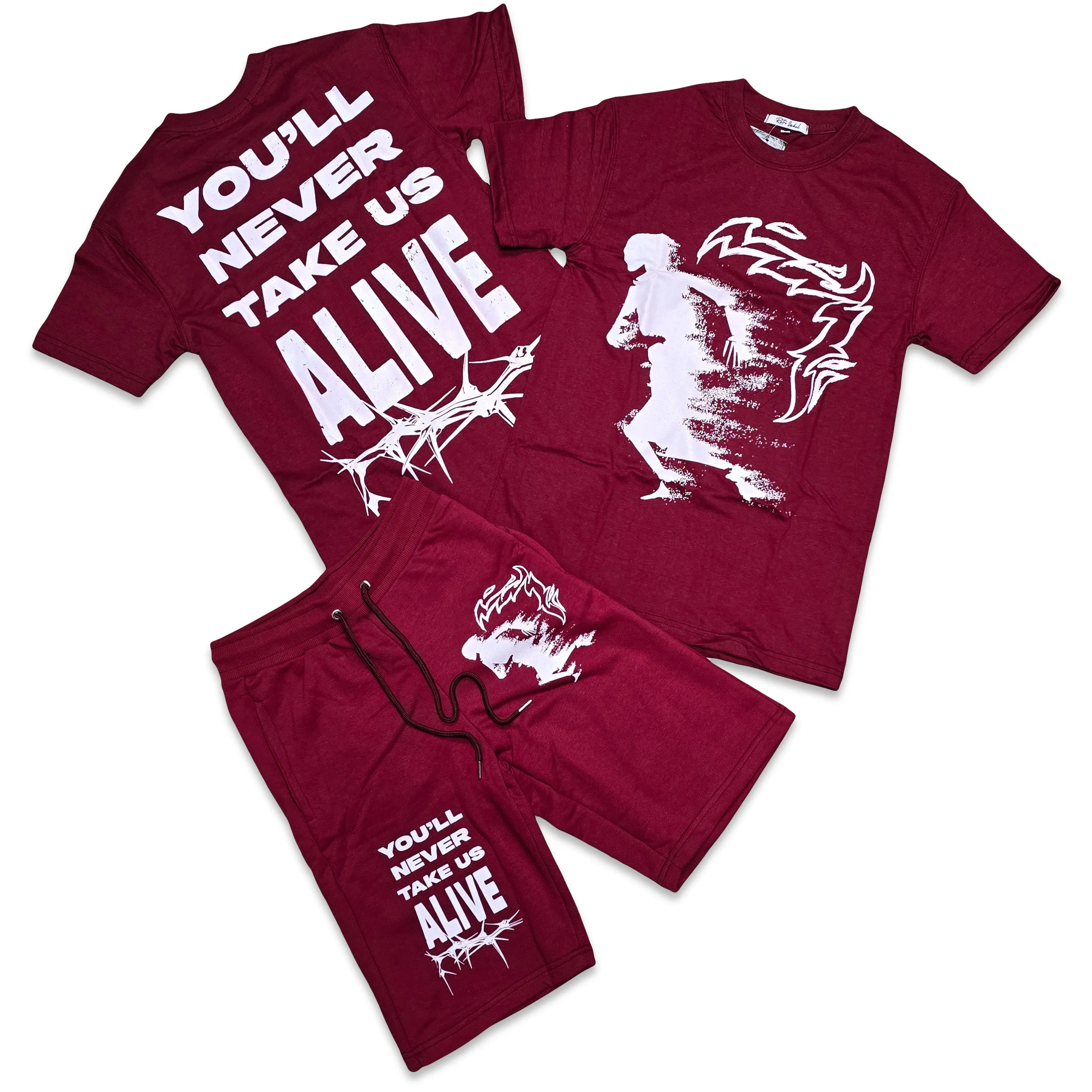 Retro Label ALIVE Shorts and Shirt Set (Retro 1 Metallic Burgundy)