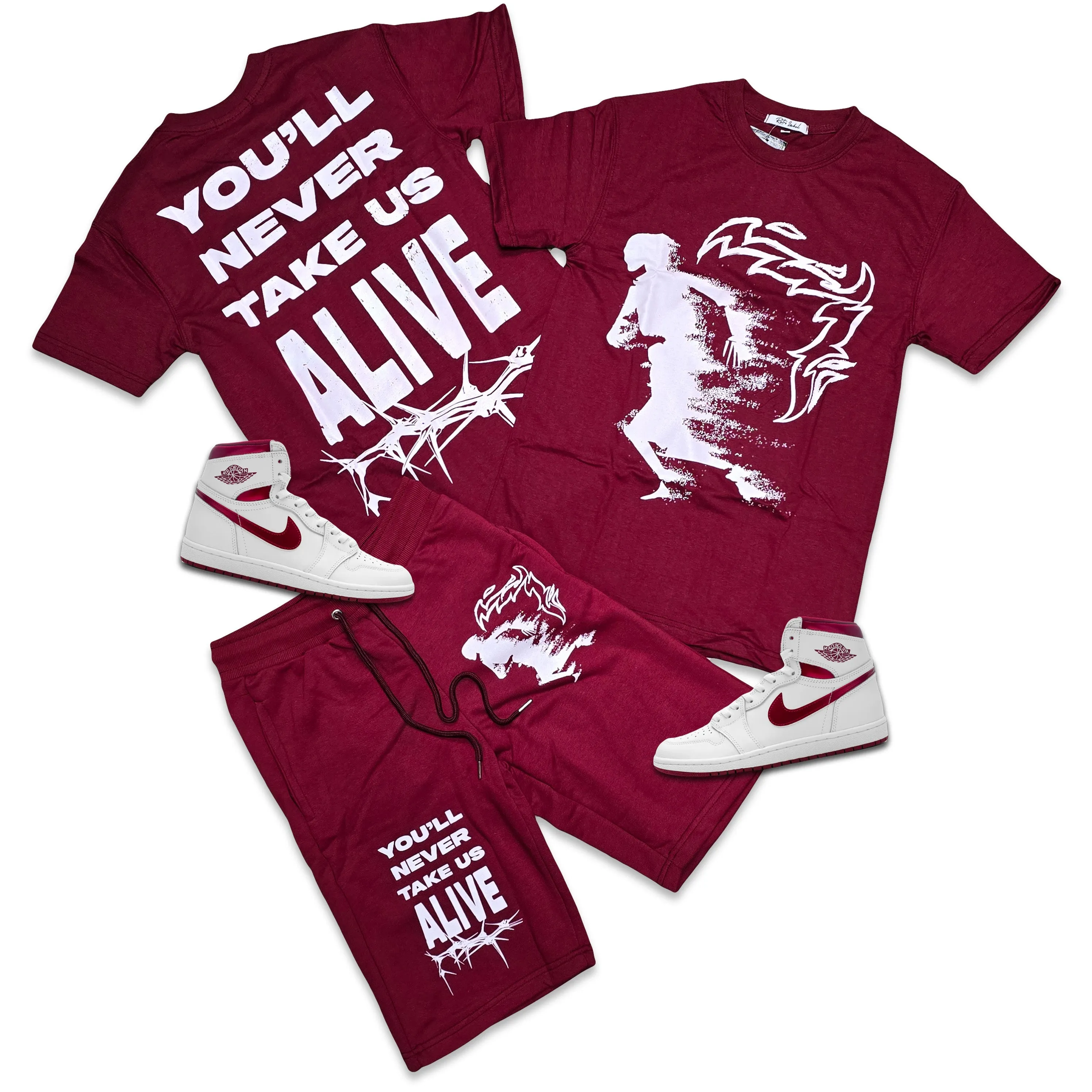 Retro Label ALIVE Shorts and Shirt Set (Retro 1 Metallic Burgundy)