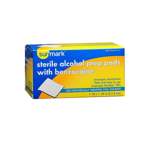 Sterile Alcohol Prep Pads with Benzocaine 100 Each By Sunmark