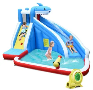 Super Cool & Exciting Shark Theme 4-in-1 Inflatable Bouncy Water Park | Long Slide | 735W Blower | Indoor | Outdoor | Carry Bag | Repair Kit Included