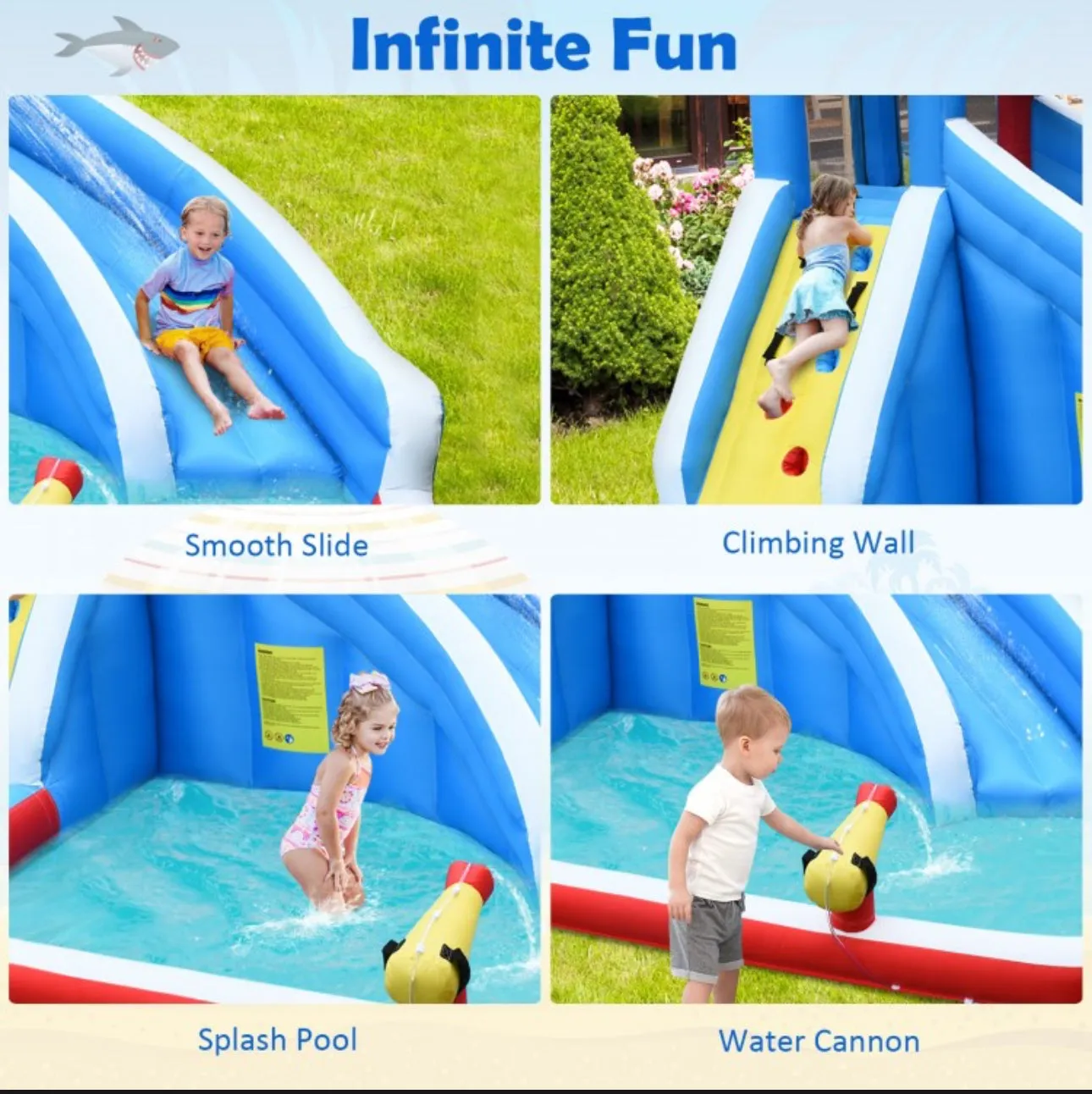 Super Cool & Exciting Shark Theme 4-in-1 Inflatable Bouncy Water Park | Long Slide | 735W Blower | Indoor | Outdoor | Carry Bag | Repair Kit Included