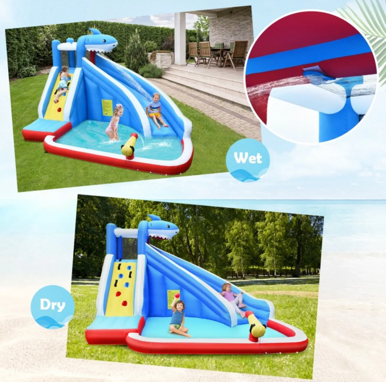 Super Cool & Exciting Shark Theme 4-in-1 Inflatable Bouncy Water Park | Long Slide | 735W Blower | Indoor | Outdoor | Carry Bag | Repair Kit Included