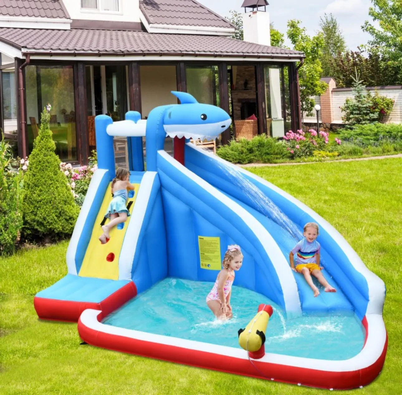 Super Cool & Exciting Shark Theme 4-in-1 Inflatable Bouncy Water Park | Long Slide | 735W Blower | Indoor | Outdoor | Carry Bag | Repair Kit Included