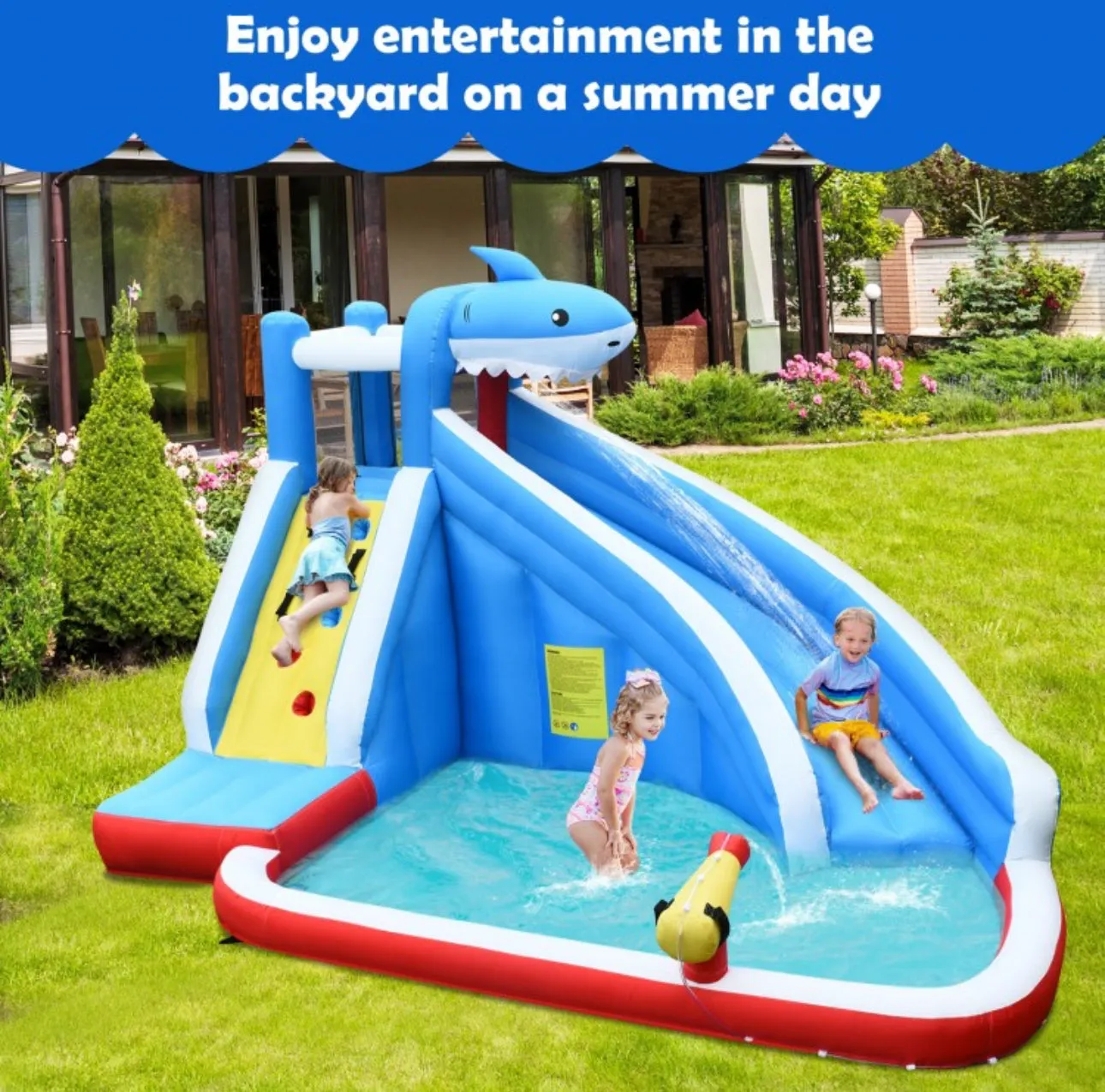 Super Cool & Exciting Shark Theme 4-in-1 Inflatable Bouncy Water Park | Long Slide | 735W Blower | Indoor | Outdoor | Carry Bag | Repair Kit Included