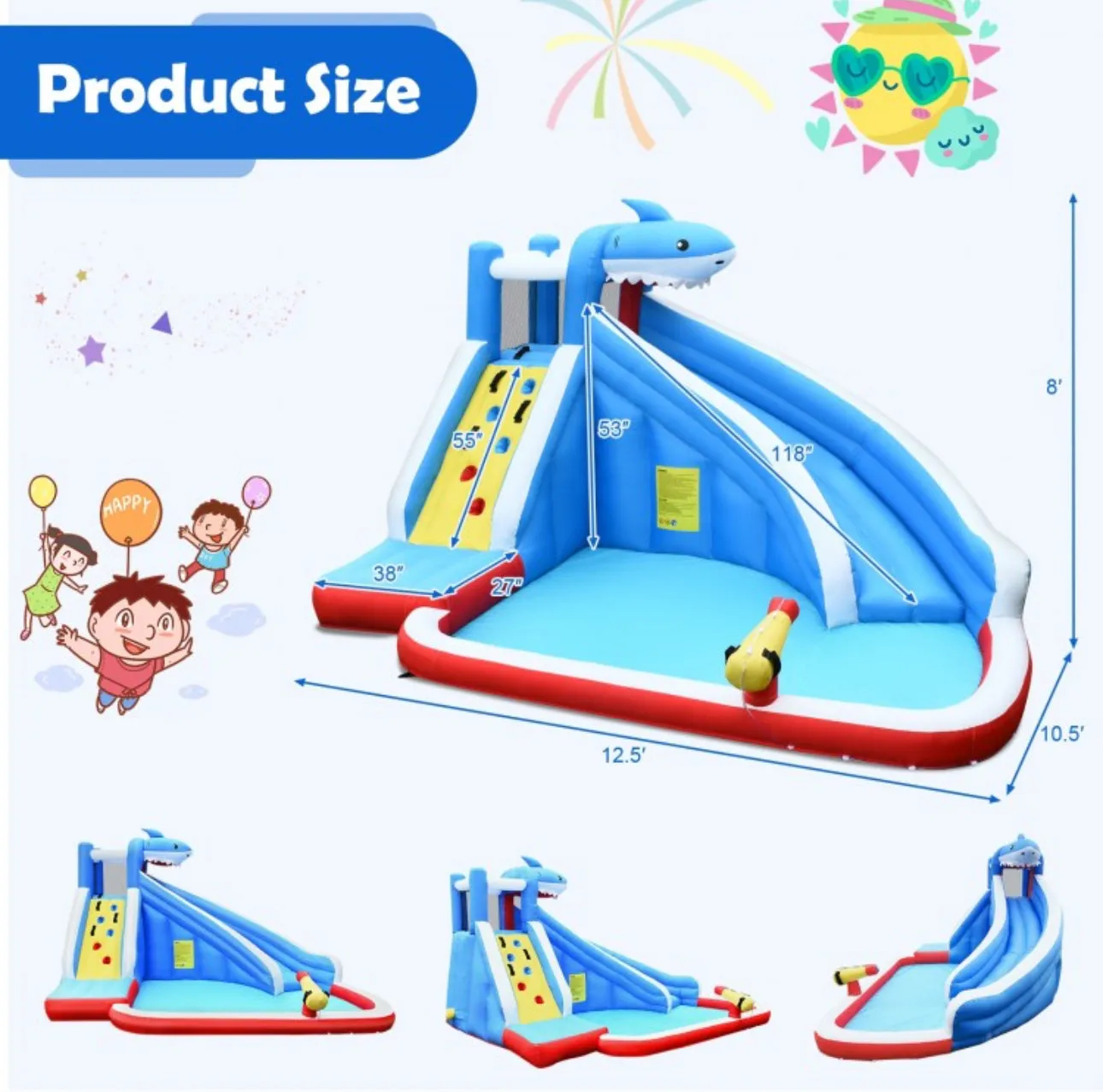 Super Cool & Exciting Shark Theme 4-in-1 Inflatable Bouncy Water Park | Long Slide | 735W Blower | Indoor | Outdoor | Carry Bag | Repair Kit Included