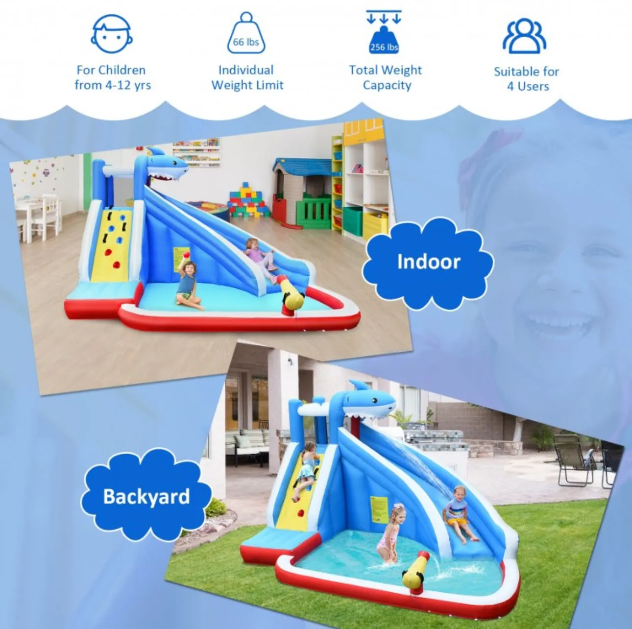 Super Cool & Exciting Shark Theme 4-in-1 Inflatable Bouncy Water Park | Long Slide | 735W Blower | Indoor | Outdoor | Carry Bag | Repair Kit Included