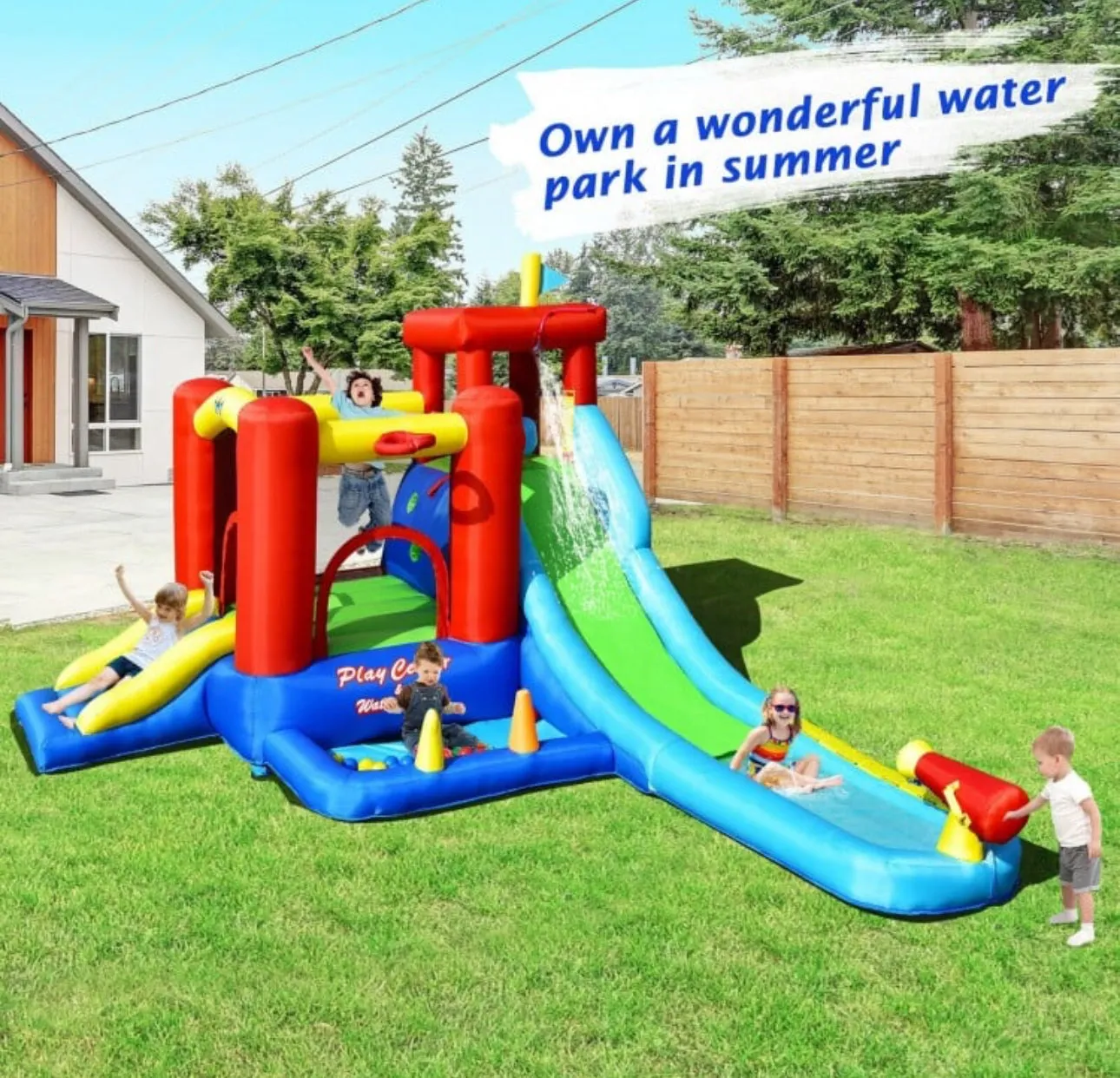 Super Cool & Fun Inflatable 9-in-1 Bouncy Kids Water Park With Slide | 860W Blower | Jumping | Climbing | Ring Game | Ball Blowing | Basketball